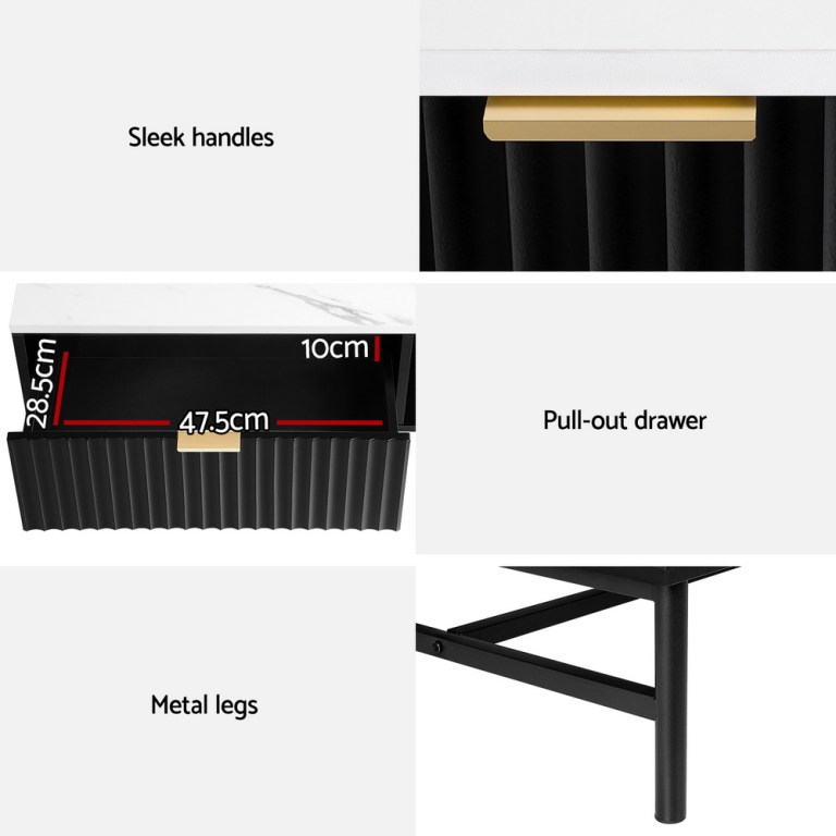 Modern table with drawer, sleek handles, metal legs.