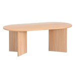 Wooden oval conference table with curved edges.