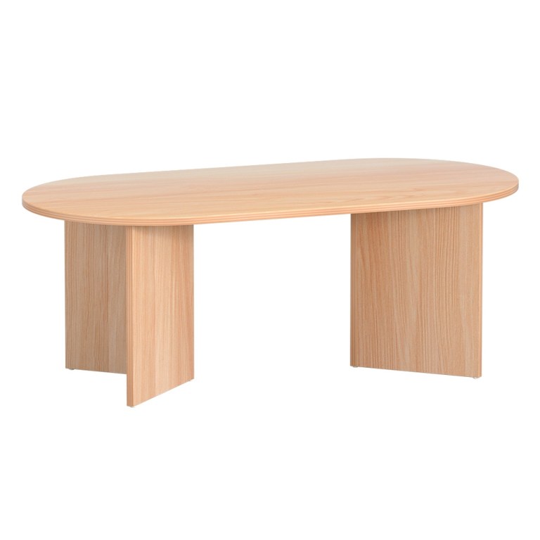 Wooden oval conference table with curved edges.