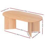 Wooden coffee table with detailed measurements.