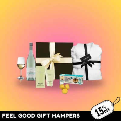 Feel good gift hamper with wine and robe