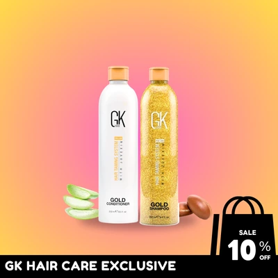 GK gold shampoo and conditioner, 10% off sale.