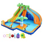 Inflatable crocodile-themed water park with slides and accessories.