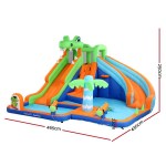 Inflatable dinosaur-themed kids water slide and pool.