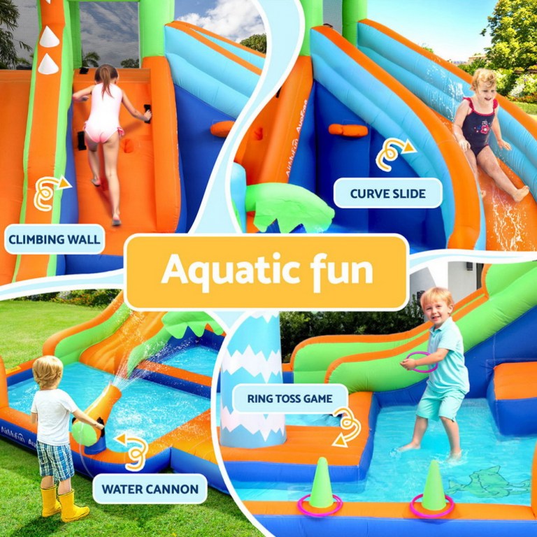 Kids enjoying inflatable water play with slides.