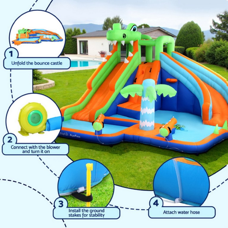 Setting up inflatable crocodile water slide steps.