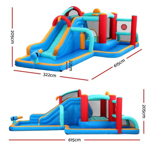 Inflatable water slide with detailed measurements.