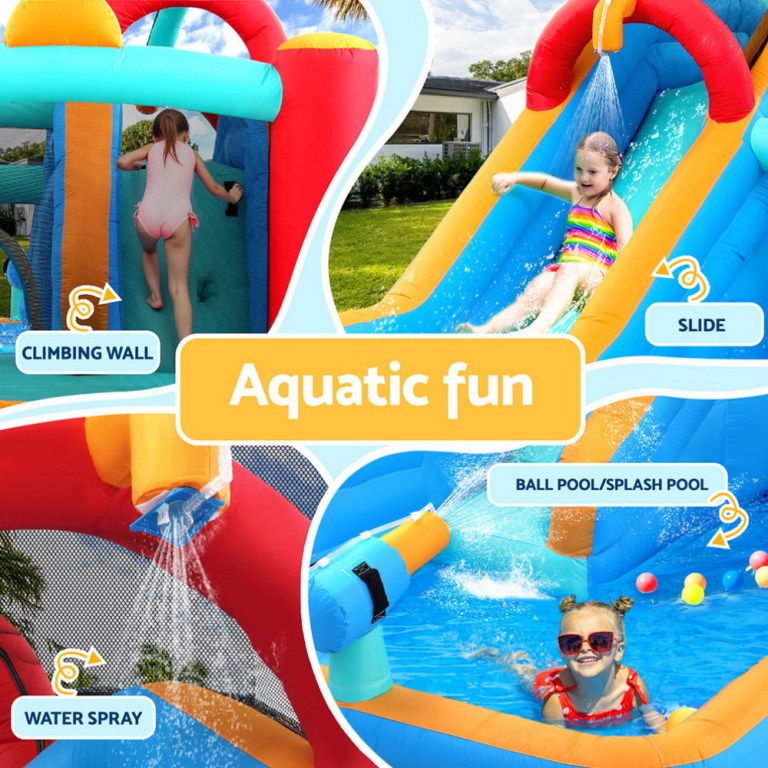 kids inflatable water slide splash pool park jumping castle bounce 615x322cm Kids playing on inflatable water park, climbing and sliding.