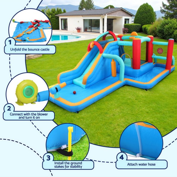 Inflatable bounce house setup steps in backyard.