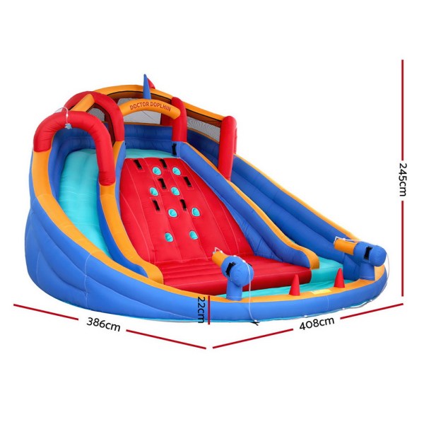 Inflatable water slide with climbing wall and pool.