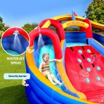 kids inflatable pool water slide cannon splash park toss game 408x386cm Child sliding on colourful inflatable water slide.