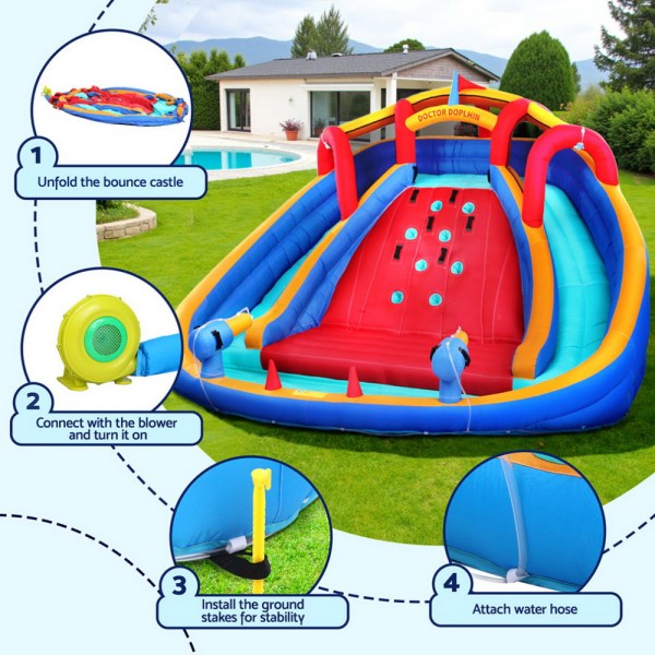 Instructions for setting up inflatable water slide.