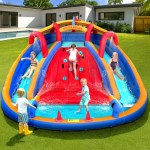 kids inflatable pool water slide cannon splash park toss game 408x386cm Kids playing on inflatable water slide, backyard fun.
