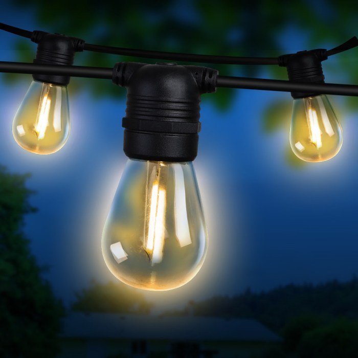 Outdoor string lights illuminated at dusk