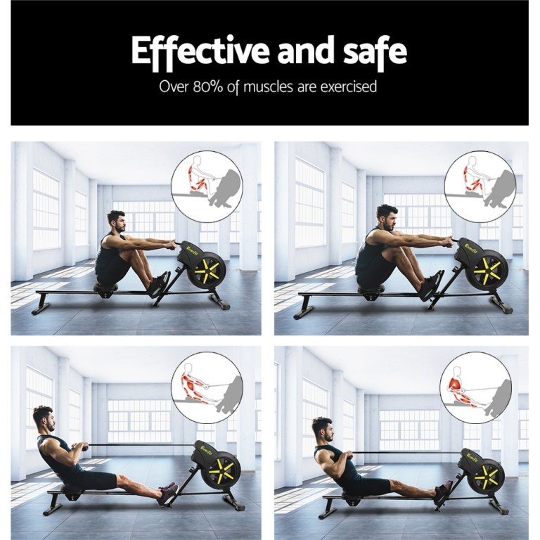 Man demonstrating rowing exercise on machine indoors.