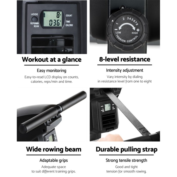 everfit rowing machine air rower exercise fitness gym home cardio Rowing machine features: display, resistance, beam, strap.