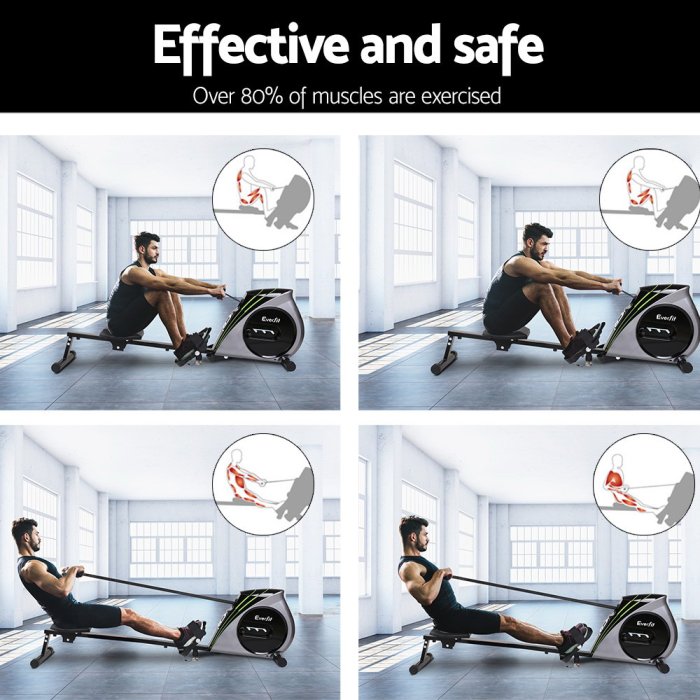 everfit rowing machine rower elastic rope resistance fitness home cardio silver Indoor rowing exercise, full body workout demonstration.