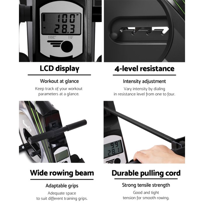 everfit rowing machine rower elastic rope resistance fitness home cardio silver Rowing machine features: LCD display, 4-level resistance.