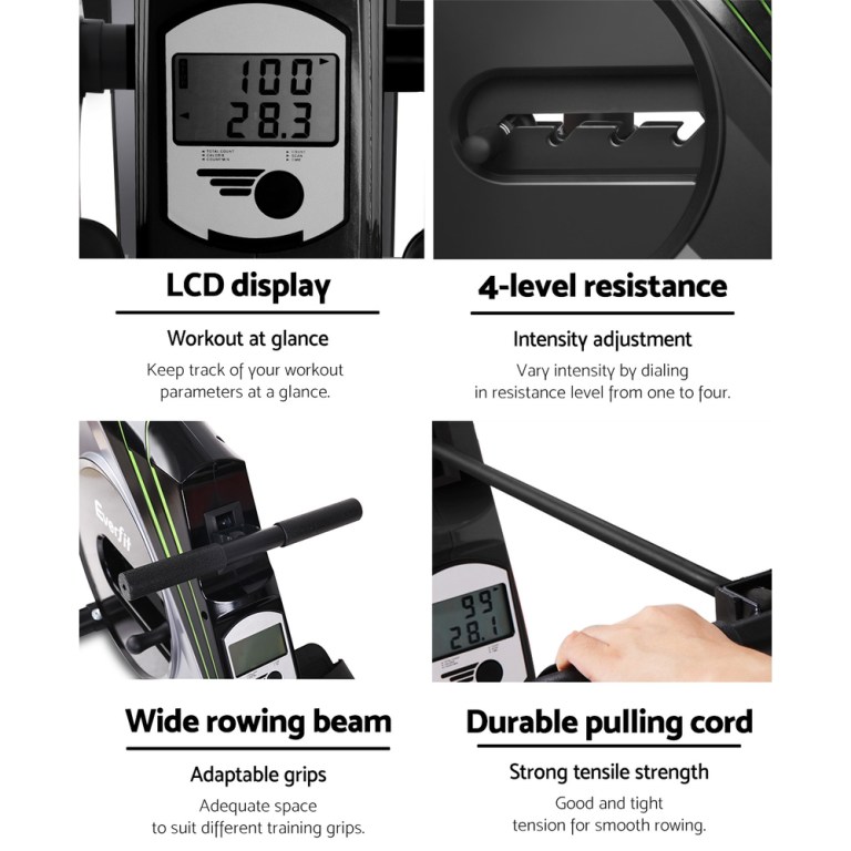 everfit rowing machine rower elastic rope resistance fitness home cardio silver Rowing machine features: LCD display, 4-level resistance.
