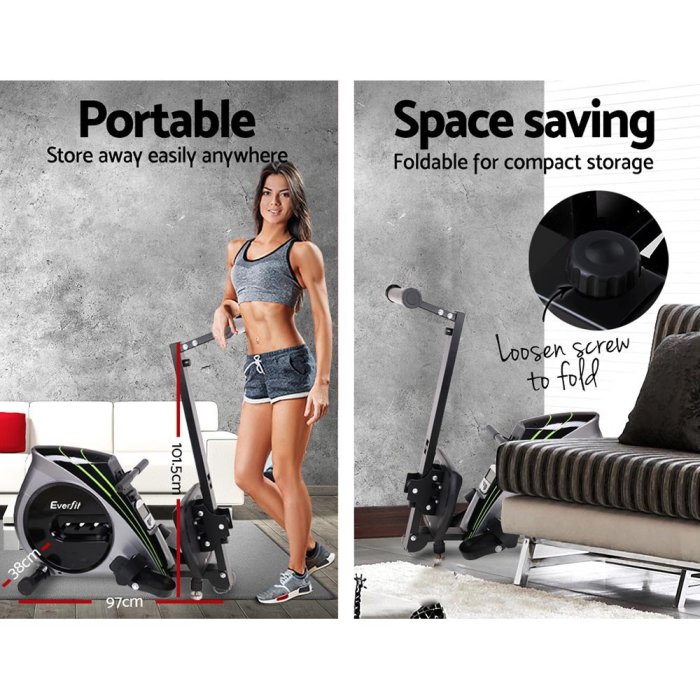 everfit rowing machine rower elastic rope resistance fitness home cardio silver Portable, space-saving foldable exercise bike for easy storage.
