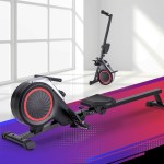 Modern rowing machine in bright, sunlit room.