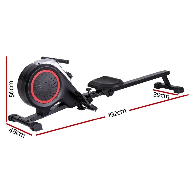 Exercise rowing machine with dimensions in centimetres.