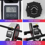 Rowing machine features LCD screen, resistance, grip, strap.