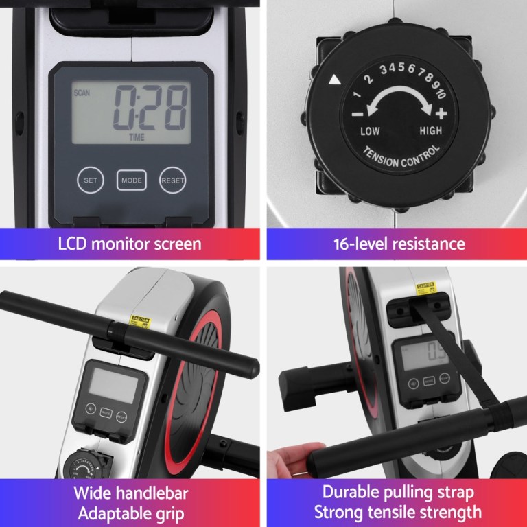 Rowing machine features LCD screen, resistance, grip, strap.