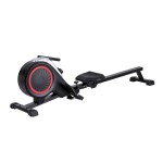 Modern black rowing machine with red accents