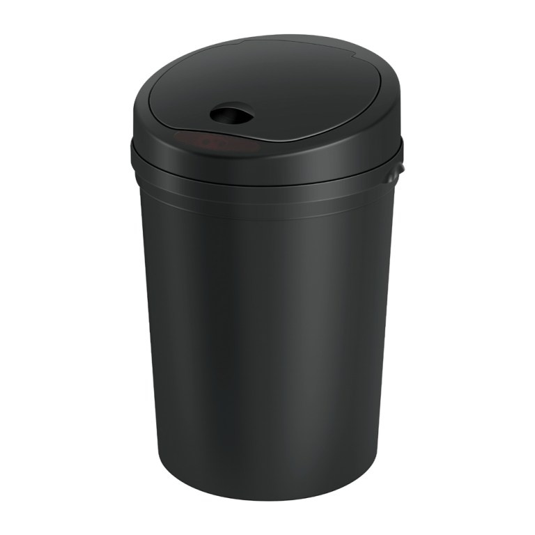 Black rubbish bin with a closed lid