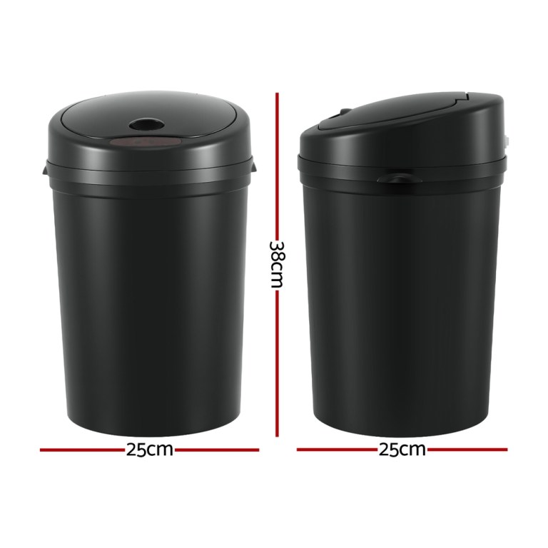 Black bin, 38cm tall, 25cm diameter.