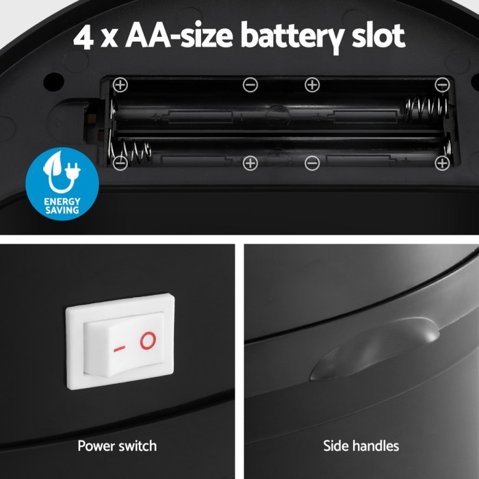 devanti sensor bin motion rubbish bins kitchen automatic trash can black 9l Device with battery slot, power switch, and handles.