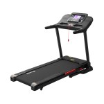 Black treadmill with digital display screen.