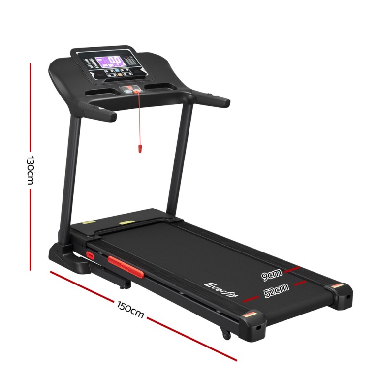 Black treadmill with dimensions 130x150cm, display panel