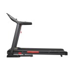 Side view of modern treadmill on white background.