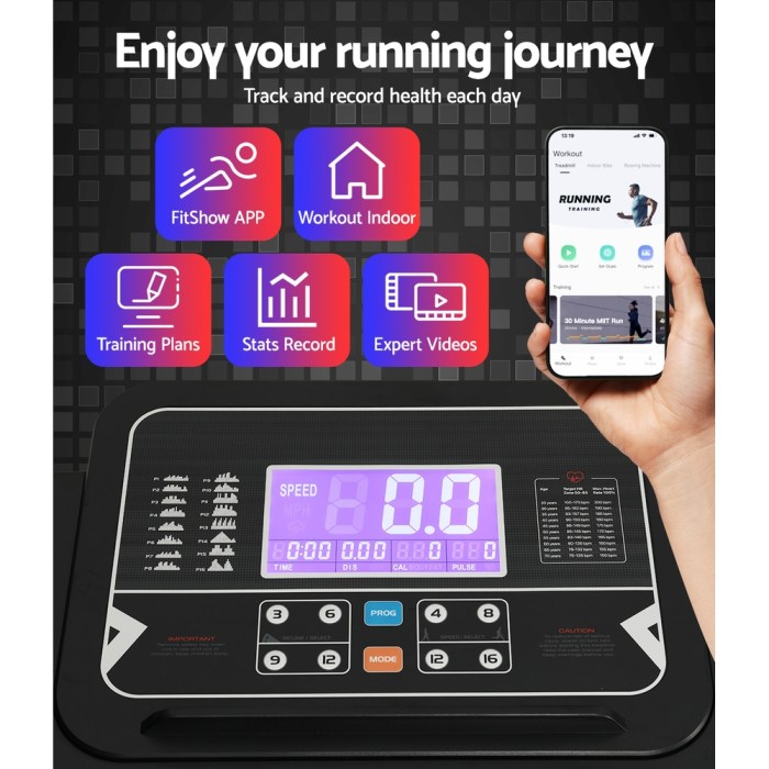 everfit treadmill electric auto incline home gym fitness exercise machine 520mm Treadmill display and fitness app on smartphone.