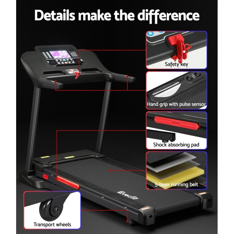Treadmill features: safety, pulse sensor, shock absorption.