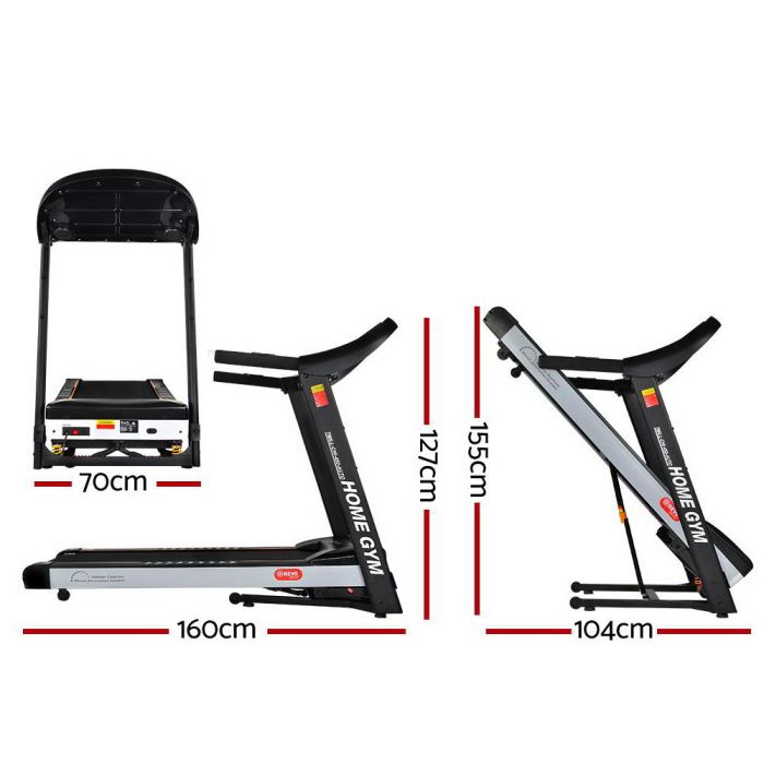 everfit treadmill electric auto incline home gym fitness exercise machine 450mm Home gym treadmill dimensions: 70cm, 127cm, 160cm.