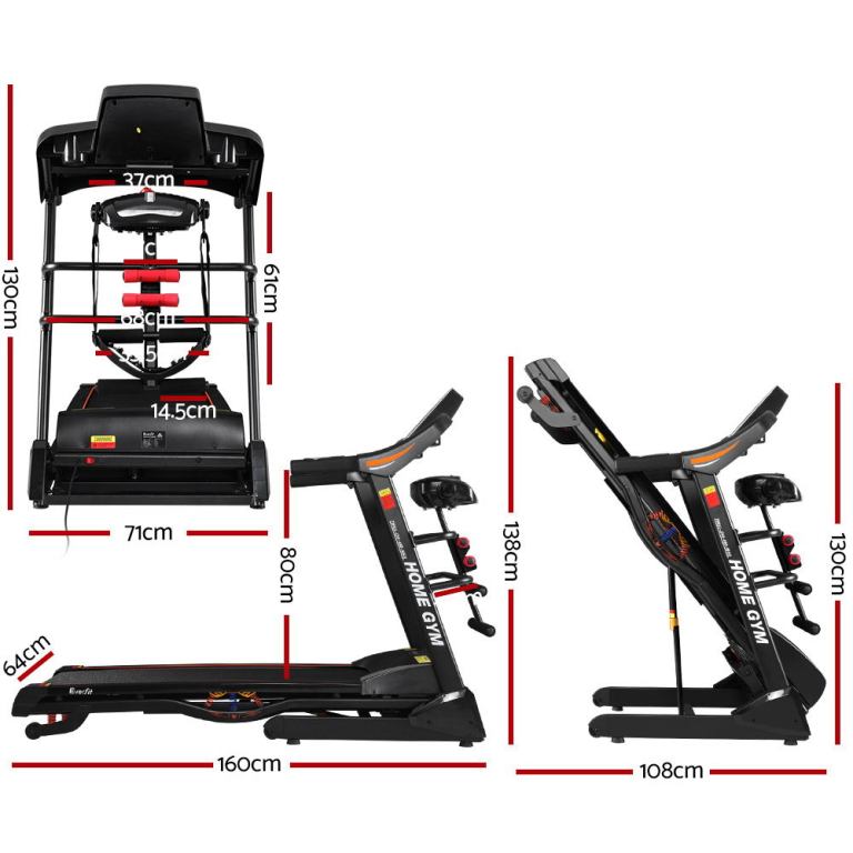 Multifunctional treadmill dimensions and design features.