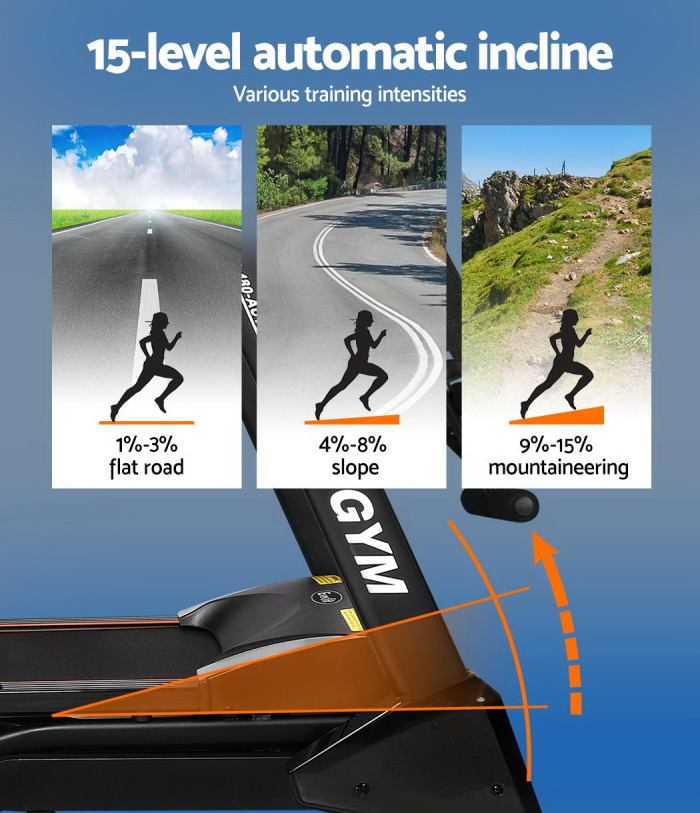 everfit treadmill electric home gym fitness exercise machine w/ massager 480mm Treadmill with 15 incline levels for varied training.