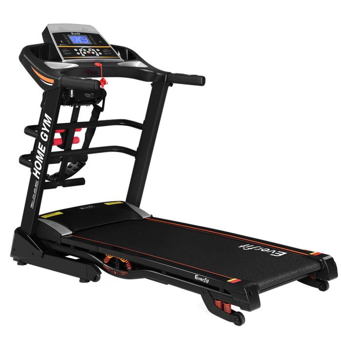 everfit treadmill electric home gym fitness exercise machine w/ massager 480mm Black home treadmill with digital display and controls.