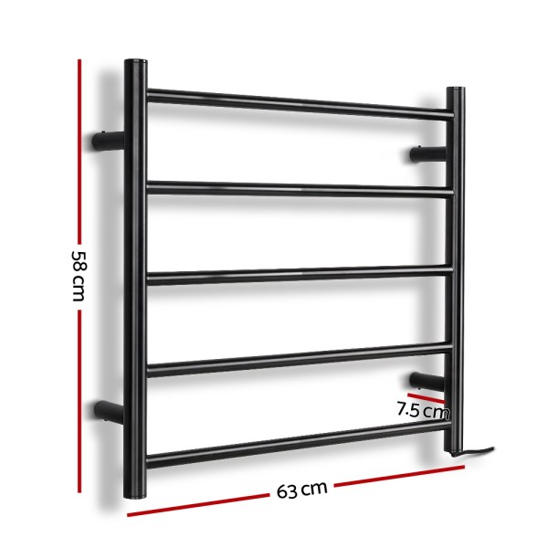 devanti electric heated towel rail rack 5 bars wall mounted clothes dry warmer Black heated towel rail, 63cm wide, 58cm tall.