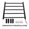 Black towel rail installation kit with parts displayed.