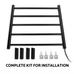 Black towel rail installation kit with parts displayed.