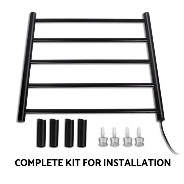 devanti electric heated towel rail rack 5 bars wall mounted clothes dry warmer Black towel rail installation kit with parts displayed.