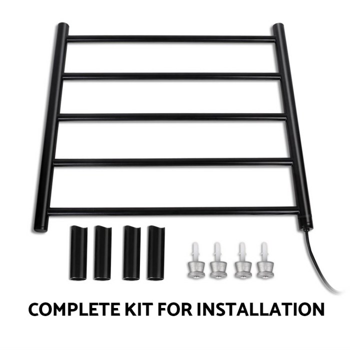 Black towel rail installation kit with parts displayed.