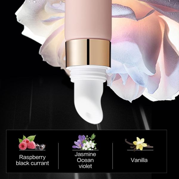Lip balm with raspberry, jasmine, vanilla scents.