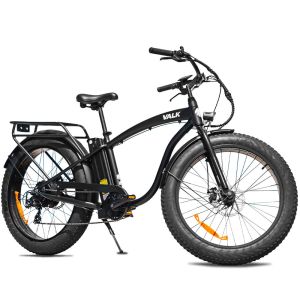 Black electric bike with fat tyres and rack