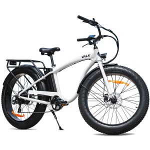 White fat-tire electric bike with rear rack.