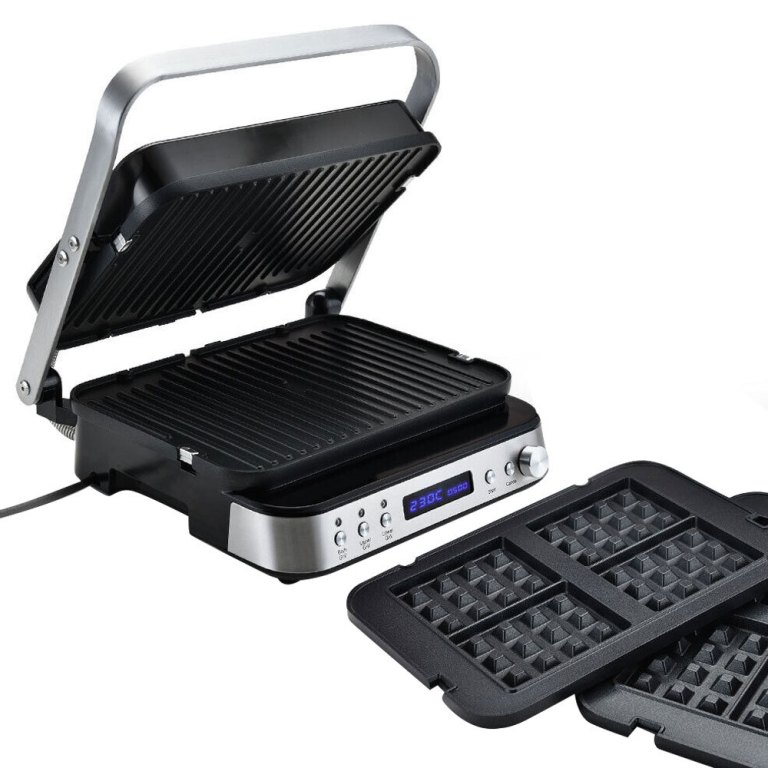 Versatile grill with waffle iron attachment.